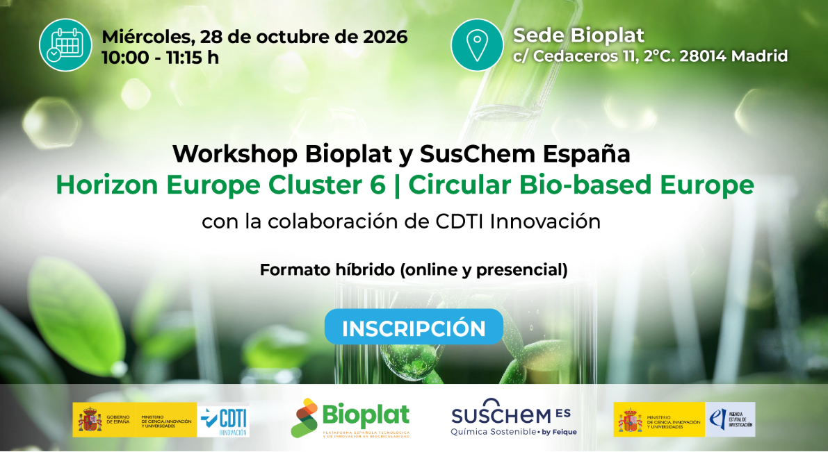Workshop Cluster 6 + CBE (Bioplat + SusChem | CDTI) - 28 octubre Workshop Cluster 6 + CBE (Bioplat + SusChem | CDTI) - 28 octubre